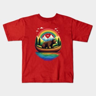 Wild Grizzly Bear in a Canoe with Rainbow Lake Mountains Funny Kids T-Shirt